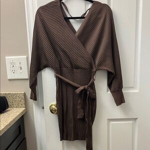 Brown Ribbed Wrap Sweater Dress